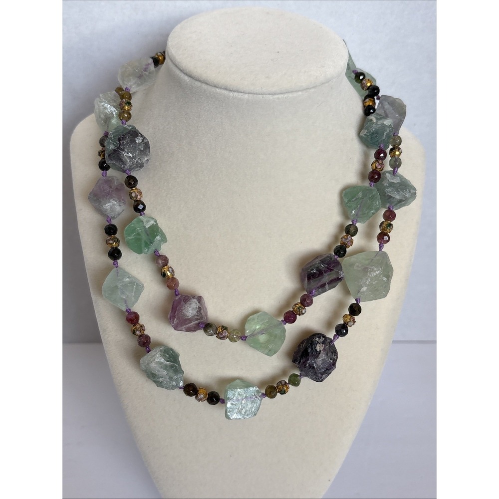 Natural Fluorite Stone Necklace with Gold Accents